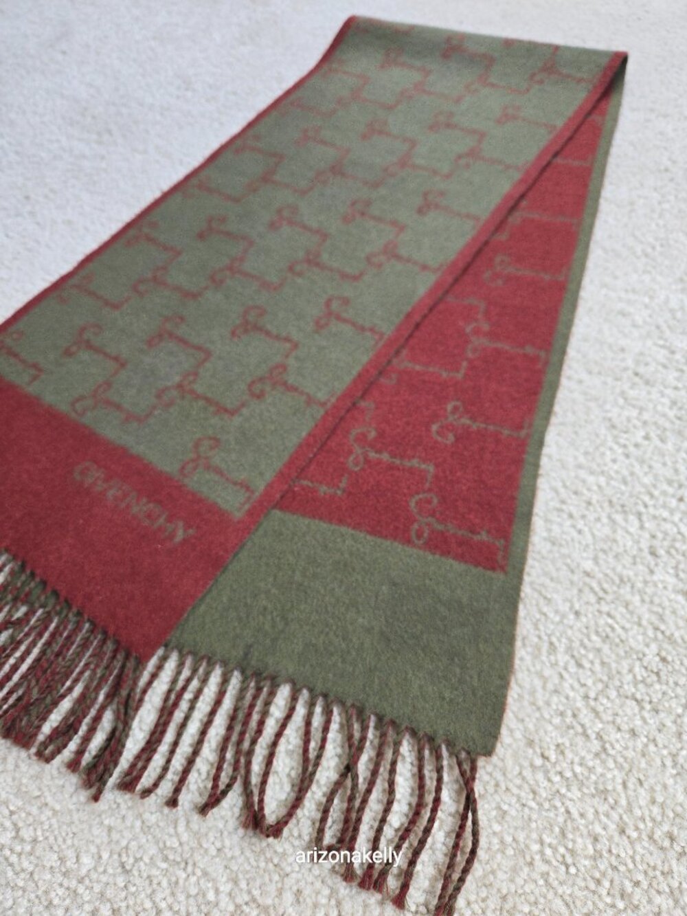 Vintage Givenchy Logo Scarf Cashmere Burgundy & Olive Green - Picture 3 of 8